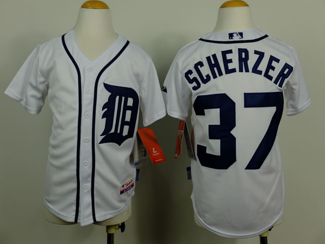 Youth Detroit Tigers #37 Scherzer White Jerseys