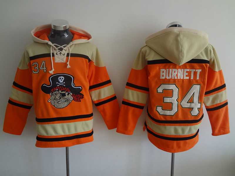 Pittsburgh Pirates #34 A.J Burnett Orange Stitched Hoodie