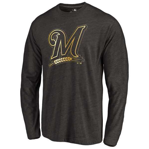 Men's Milwaukee Brewers Gold Collection Long Sleeve Tri-Blend T-Shirt LanTian - Black