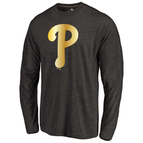 Men's Philadelphia Phillies Gold Collection Long Sleeve Tri-Blend T-Shirt LanTian - Black