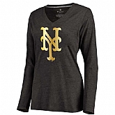 Women New York Mets Gold Collection Long Sleeve Tri-Blend T-Shirt LanTian - Black,baseball caps,new era cap wholesale,wholesale hats