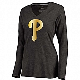 Women Philadelphia Phillies Gold Collection Long Sleeve Tri-Blend T-Shirt LanTian - Black,baseball caps,new era cap wholesale,wholesale hats