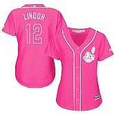 Glued Women's Cleveland Indians #12 Francisco Lindor Pink New Cool Base Jersey WEM,baseball caps,new era cap wholesale,wholesale hats