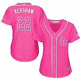 Glued Women's Los Angeles Dodgers #22 Clayton Kershaw Pink New Cool Base Jersey WEM,baseball caps,new era cap wholesale,wholesale hats