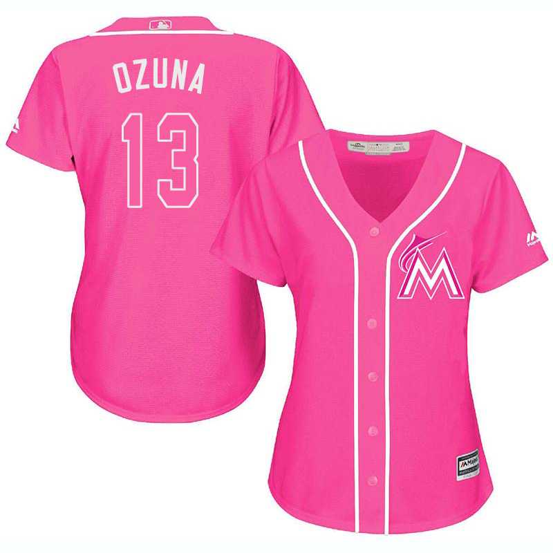 Glued Women's Miami Marlins #13 Marcell Ozuna Pink New Cool Base Jersey WEM