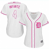 Women Detroit Tigers #4 Omar Infante White Pink New Cool Base Jersey JiaSu,baseball caps,new era cap wholesale,wholesale hats