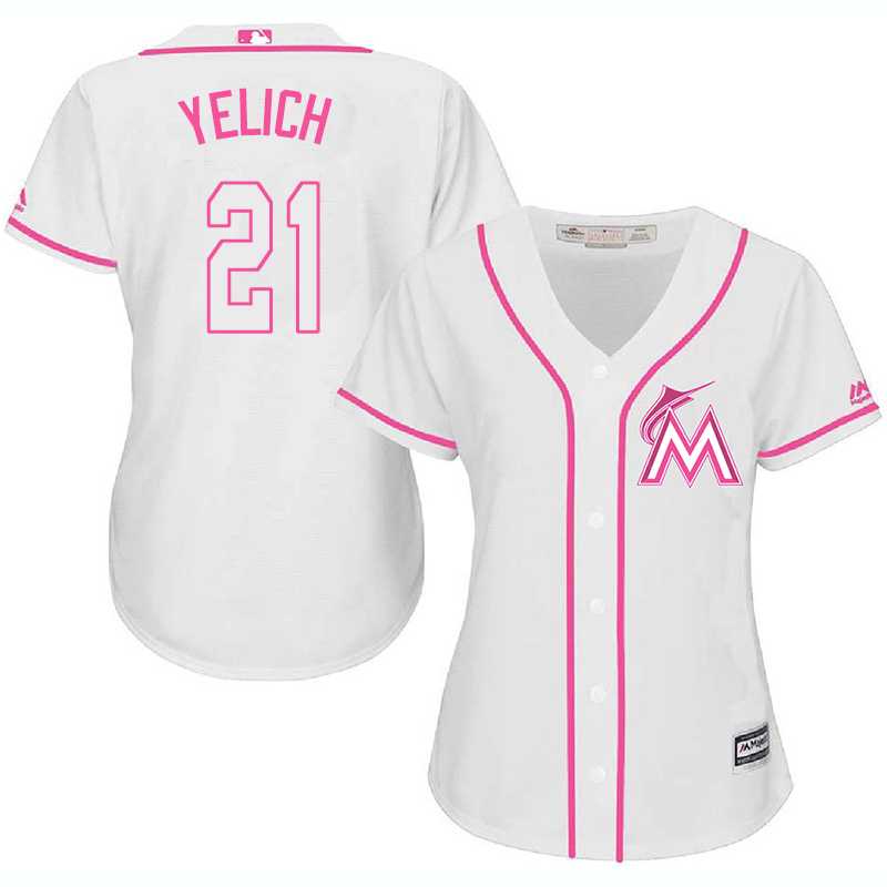Women Miami Marlins #21 Christian Yelich White Pink New Cool Base Jersey JiaSu