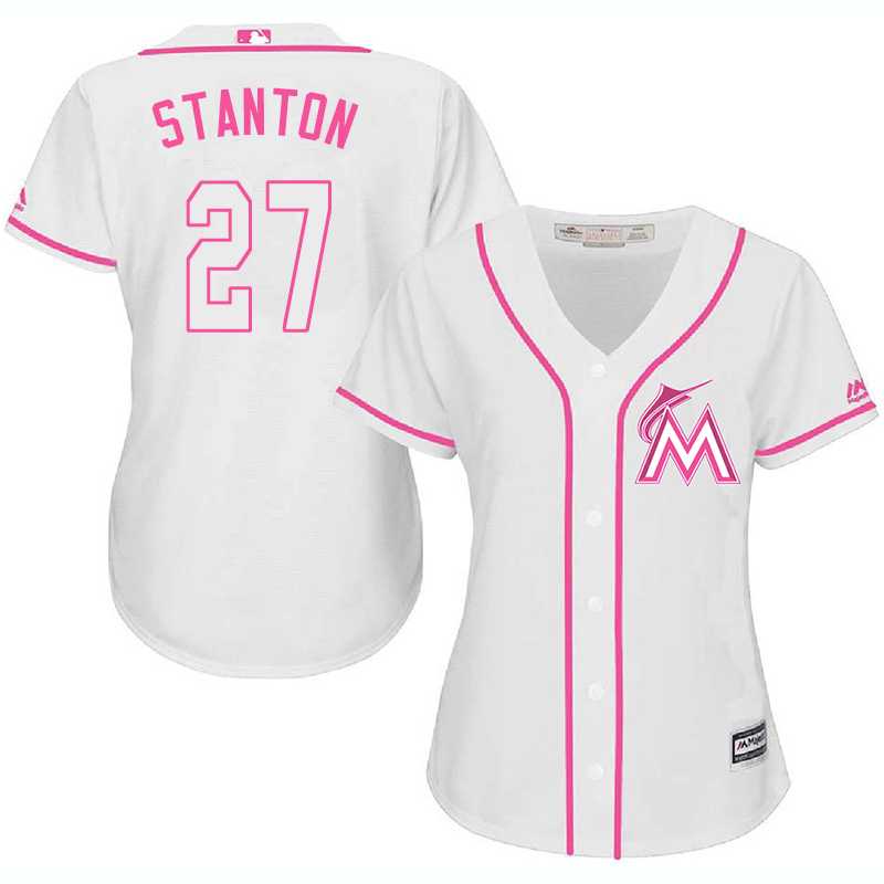 Women Miami Marlins #27 Giancarlo Stanton White Pink New Cool Base Jersey JiaSu