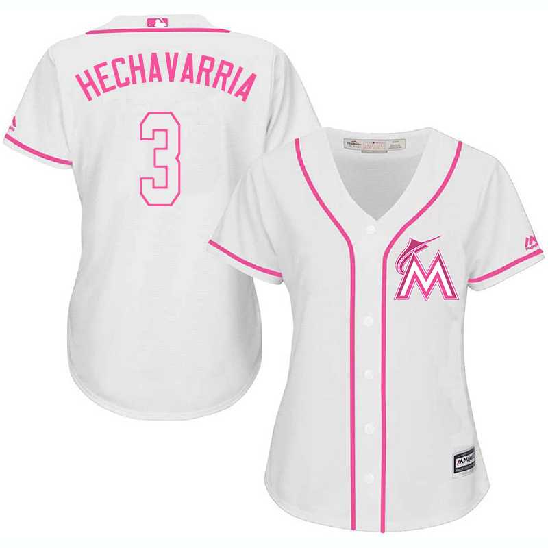Women Miami Marlins #3 Adeiny Hechavarria White Pink New Cool Base Jersey JiaSu