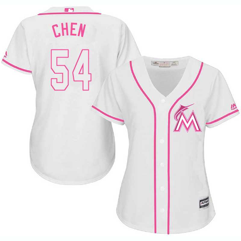 Women Miami Marlins #54 Wei Yin Chen White Pink New Cool Base Jersey JiaSu