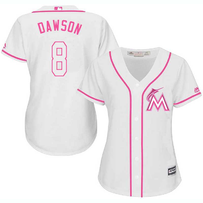 Women Miami Marlins #8 Andre Dawson White Pink New Cool Base Jersey JiaSu