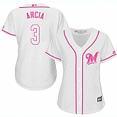 Women Milwaukee Brewers #3 Orlando Arcia White Pink New Cool Base Jersey JiaSu,baseball caps,new era cap wholesale,wholesale hats