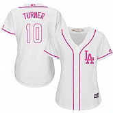 Women's Los Angeles Dodgers #10 Justin Turner White Pink New Cool Base Jersey,baseball caps,new era cap wholesale,wholesale hats