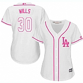 Women's Los Angeles Dodgers #30 Maury Wills White Pink New Cool Base Jersey,baseball caps,new era cap wholesale,wholesale hats