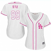 Women's Los Angeles Dodgers #99 Hyun Jin Ryu White Pink New Cool Base Jersey,baseball caps,new era cap wholesale,wholesale hats