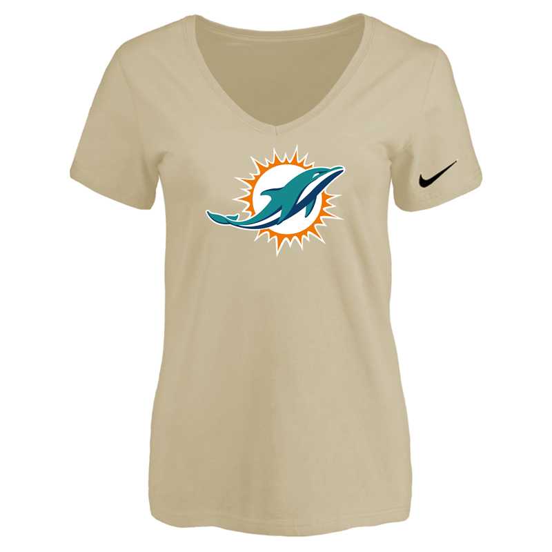 Women's Miami Dolphins Beige Logo V neck T-Shirt FengYun