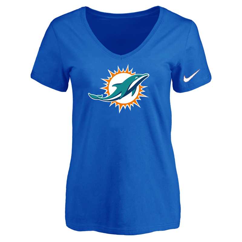 Women's Miami Dolphins Blue Logo V neck T-Shirt FengYun