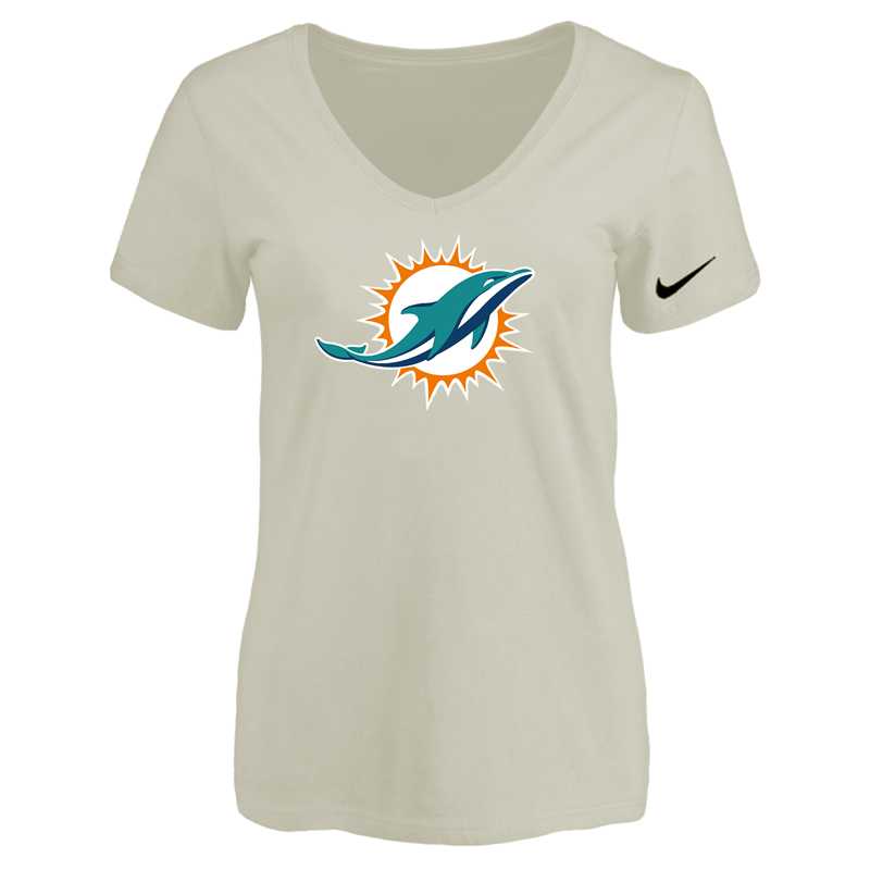 Women's Miami Dolphins Cream Logo V neck T-Shirt FengYun