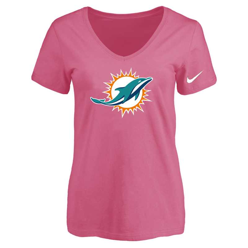 Women's Miami Dolphins Pink Logo V neck T-Shirt FengYun