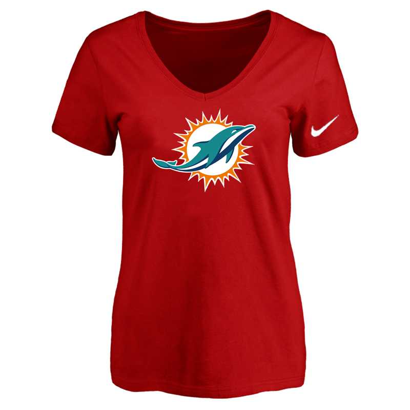 Women's Miami Dolphins Red Logo V neck T-Shirt FengYun
