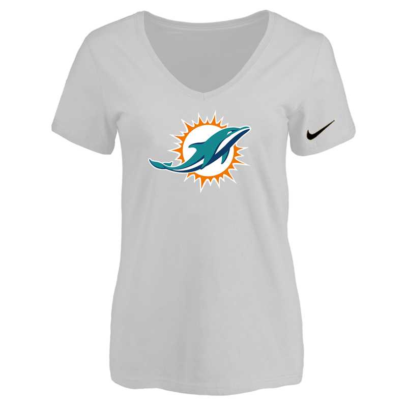 Women's Miami Dolphins White Logo V neck T-Shirt FengYun