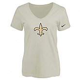 Women's New Orleans Saints Cream Logo V neck T-Shirt FengYun,baseball caps,new era cap wholesale,wholesale hats