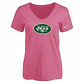 Women's New York Jets Pink Logo V neck T-Shirt FengYun,baseball caps,new era cap wholesale,wholesale hats