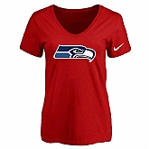 Women's Seattle Seahawks Red Logo V neck T-Shirt FengYun,baseball caps,new era cap wholesale,wholesale hats