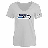 Women's Seattle Seahawks White Logo V neck T-Shirt FengYun,baseball caps,new era cap wholesale,wholesale hats