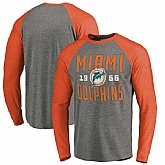 Miami Dolphins NFL Pro Line by Fanatics Branded Timeless Collection Antique Stack Long Sleeve Tri-Blend Raglan T-Shirt Ash,baseball caps,new era cap wholesale,wholesale hats