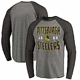 Pittsburgh Steelers NFL Pro Line by Fanatics Branded Timeless Collection Antique Stack Long Sleeve Tri-Blend Raglan T-Shirt Ash,baseball caps,new era cap wholesale,wholesale hats