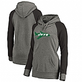 Women New York Jets NFL Pro Line by Fanatics Branded Throwback Logo Tri-Blend Raglan Plus Size Pullover Hoodie - GrayBlack,baseball caps,new era cap wholesale,wholesale hats