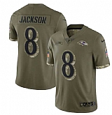 Men's Baltimore Ravens #8 Lamar Jackson 2022 Olive Salute To Service Limited Stitched Jersey,baseball caps,new era cap wholesale,wholesale hats