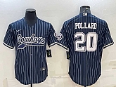 Men's Dallas Cowboys #20 Tony Pollard Navy Blue Pinstripe With Patch Cool Base Stitched Baseball Jersey