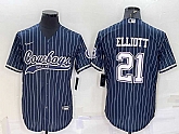 Men's Dallas Cowboys #21 Ezekiel Elliott Navy Blue Pinstripe With Patch Cool Base Stitched Baseball Jersey,baseball caps,new era cap wholesale,wholesale hats