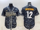 Men's Pittsburgh Steelers #12 Terry Bradshaw Grey Navy Camo With Patch Cool Base Stitched Baseball Jersey,baseball caps,new era cap wholesale,wholesale hats