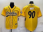 Men's Pittsburgh Steelers #90 T.J. Watt Gold With Patch Cool Base Stitched Baseball Jersey,baseball caps,new era cap wholesale,wholesale hats