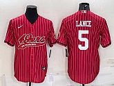 Men's San Francisco 49ers #5 Trey Lance Red Pinstripe With Patch Cool Base Stitched Baseball Jersey,baseball caps,new era cap wholesale,wholesale hats