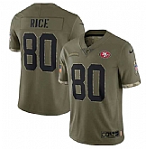 Men's San Francisco 49ers #80 Jerry Rice 2022 Olive Salute To Service Limited Stitched Jersey,baseball caps,new era cap wholesale,wholesale hats
