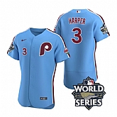 Phillies 3 Bryce Harper Blue Nike 2022 World Series Flexbase Jersey,baseball caps,new era cap wholesale,wholesale hats