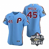 Phillies 45 Zack Wheeler Blue Nike 2022 World Series Flexbase Jersey,baseball caps,new era cap wholesale,wholesale hats