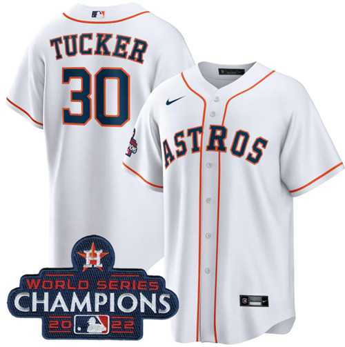 Men's Houston Astros #30 Kyle Tucker White 2022 World Series Champions Home Stitched Baseball Jersey