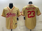 Men's San Francisco 49ers #23 Christian McCaffrey Gold With Patch Cool Base Stitched Baseball Jersey,baseball caps,new era cap wholesale,wholesale hats