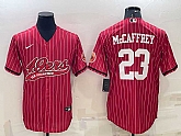 Men's San Francisco 49ers #23 Christian McCaffrey Red Pinstripe With Patch Cool Base Stitched Baseball Jersey,baseball caps,new era cap wholesale,wholesale hats