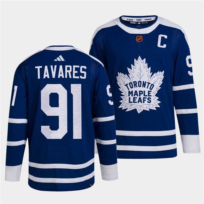 Men's Toronto Maple Leafs Black #91 John Tavares Blue 2022 Reverse Retro Stitched Jersey Dzhi