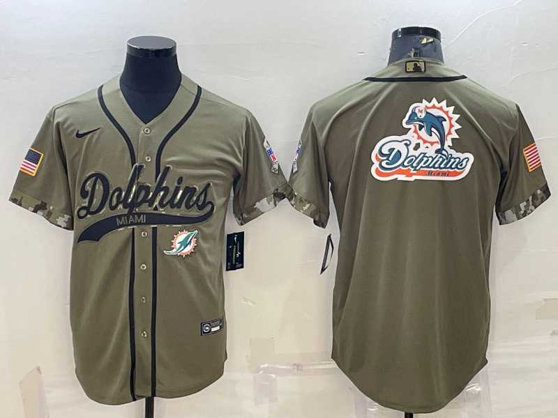 Men's Miami Dolphins Olive Salute to Service Team Big Logo Cool Base Stitched Baseball Jersey