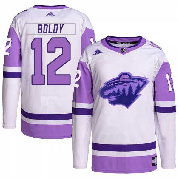 Men's Minnesota Wild #12 Matthew Boldy White Purple 2022 Stitched Jersey