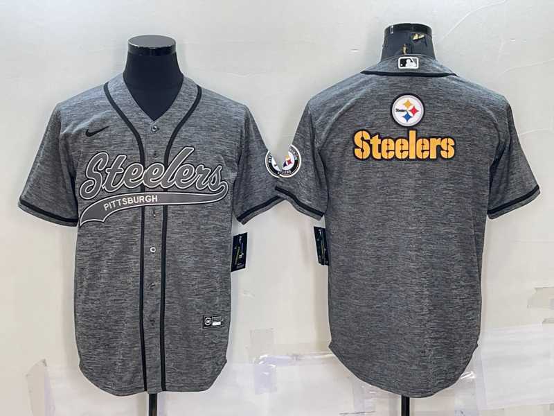 Men's Pittsburgh Steelers Grey Gridiron Team Big Logo Cool Base Stitched Baseball Jersey