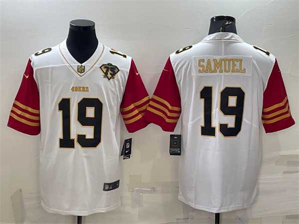 Men's San Francisco 49ers #19 Deebo Samuel White Gold Edition With 75TH Patch Limited Stitched Football Jersey