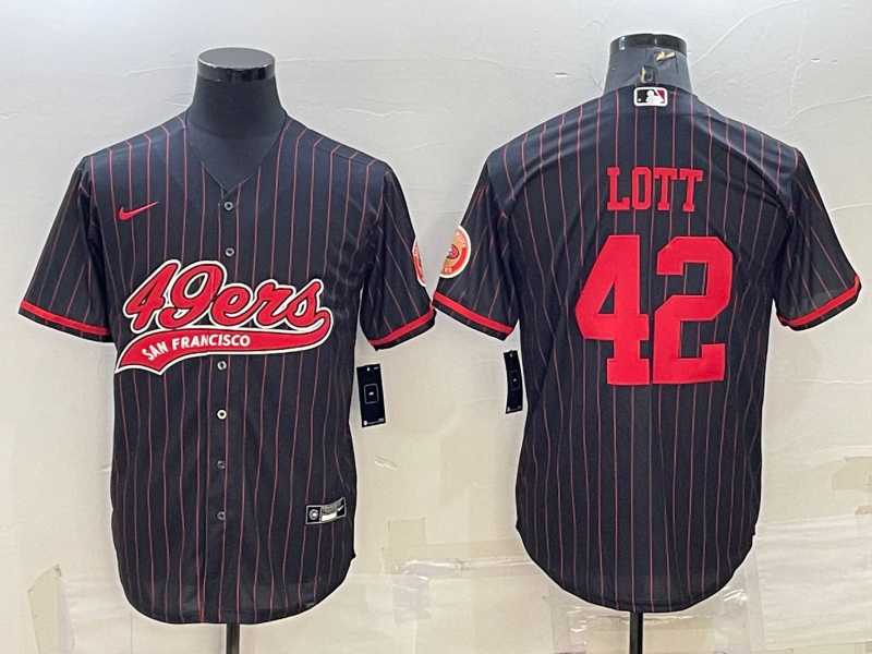 Men's San Francisco 49ers #42 Ronnie Lott Black Pinstripe With Patch Cool Base Stitched Baseball Jersey
